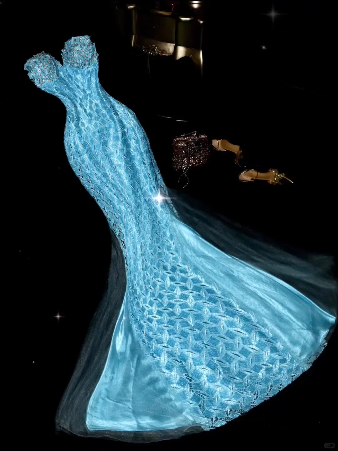 Vintage Blue Mermaid Beaded Lace Satin Prom Dress Party Evening Dress DP5353