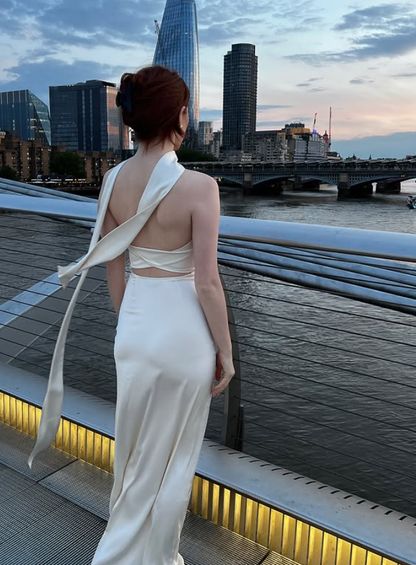 Simple Sheath Strapless White Satin Long Prom Dress Evening Dress DP4311