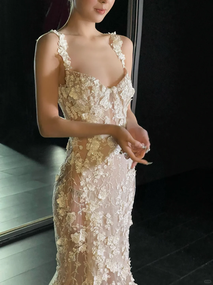 Stunning Mermaid Spaghetti Strap Floral Tulle Long Sweep Wedding Dress Prom Dress DP4418