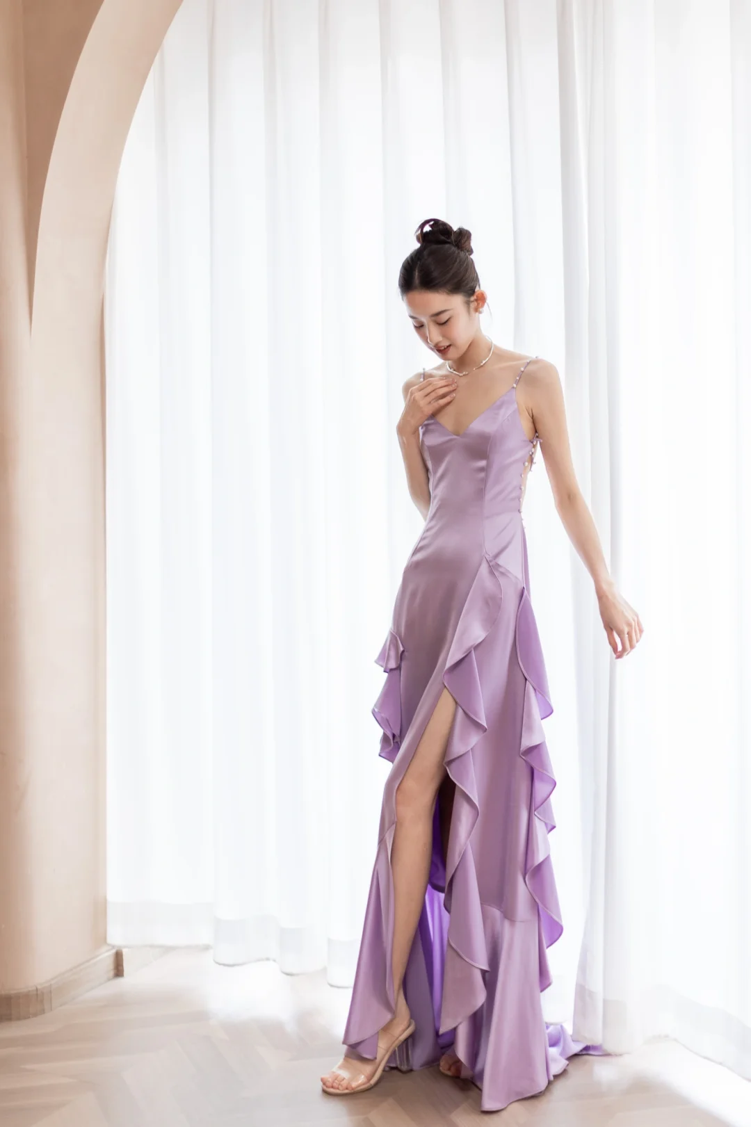Flowy Ruffle Mermaid Spaghetti Strap Purple Satin Open Back Prom Dress Formal Dress DP3338