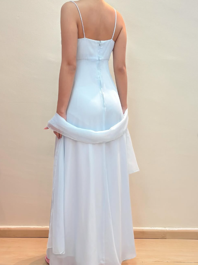Baby Blue Sheath Spaghetti Straps Appliques Chiffon Prom Dress Evening Dress DP1790