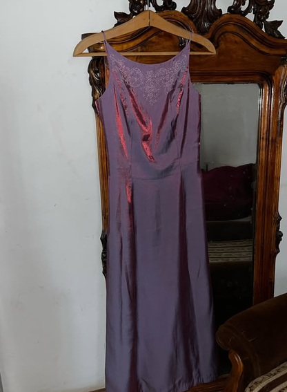 Vintage A Line Exquisite Beaded Purple Satin Prom Dress Evening Dress Date Dress DP5707
