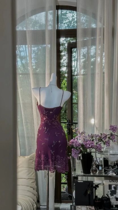 Dark Purple Beaded Sequin Lace Chiffon Prom Dress Date Dress Homecoming Dress DP2907