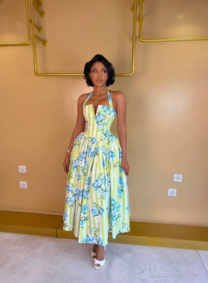 Summer A Line Halter Blue Print Green Stripe Satin Backless Prom Dress Outfits DP6321