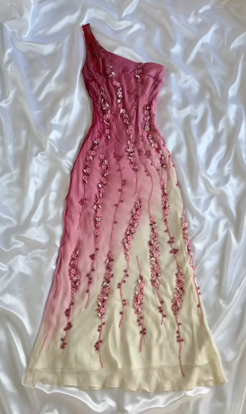 Vintage Pink Ombre Exquisite Floral Beaded Chiffon Long Prom Dress DP5076