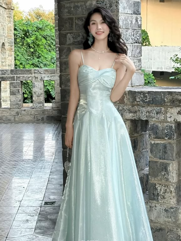 Dreamy A Line Spaghetti Straps Satin Long Graduation Prom Dress DP4880