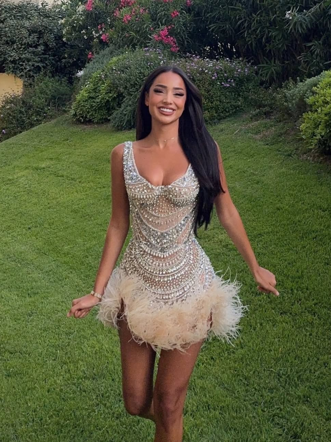 Dazzling Rhinestone Sheath Straps Apricot Feather Tulle Short Prom Dress Homecoming Dress DP6127