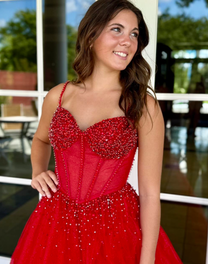 Charming Red A Line Spaghetti Strap Beaded Tulle Long Prom Dress Evening Dress DP6571