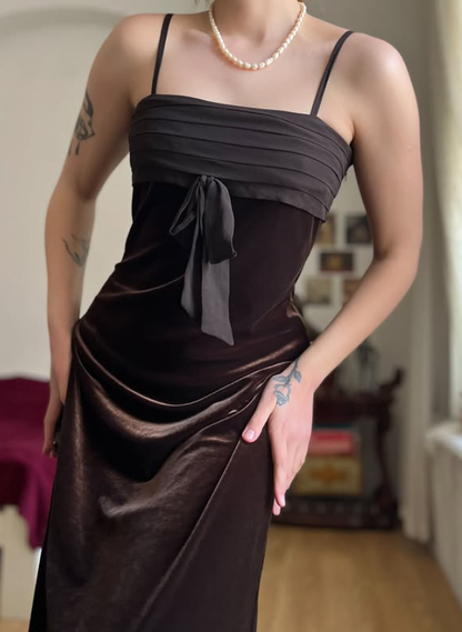 Vintage Sheath Spaghetti Strap Brown Velvet Prom Dress Evening Dress DP5725