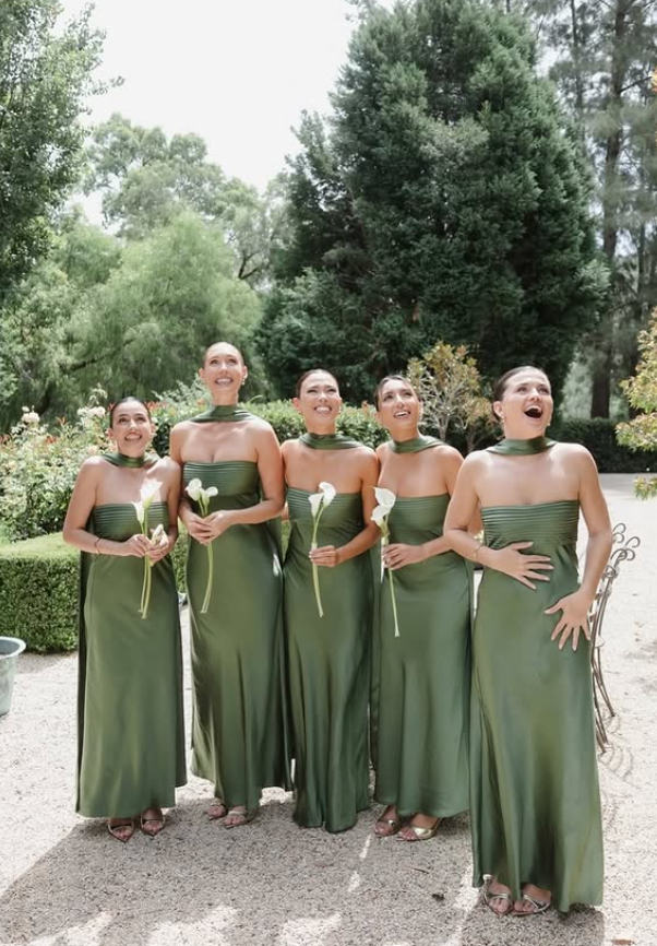 Glamorous Dark Green Sheath Strapless Pleated Satin Bridesmaid Dress DP5095