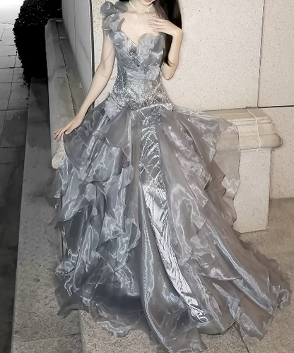 Stunning Grey Ball Gown Off the Shoulder Beaded Organza Satin Prom Dress Party Dress DP4593