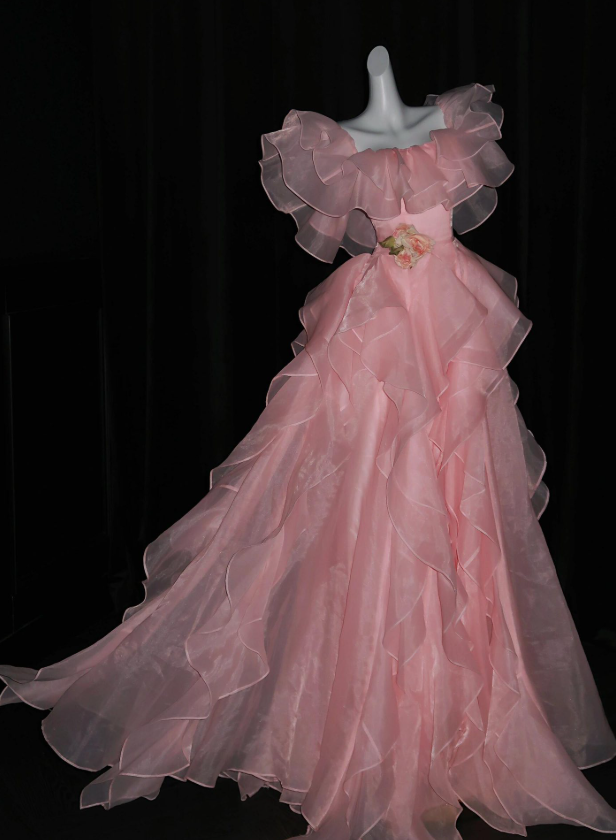 Princess Pink Ball Gown Straps Ruffle Organza Prom Dress Quinceanera Dress DP6606