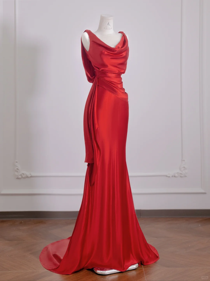 Simple Red Mermaid Straps Satin Prom Dress Wedding Guest Dress DP3879