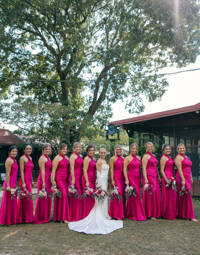 Barbie Pink Mermaid Halter Satin Backless Long Bridesmaid Dress DP4975
