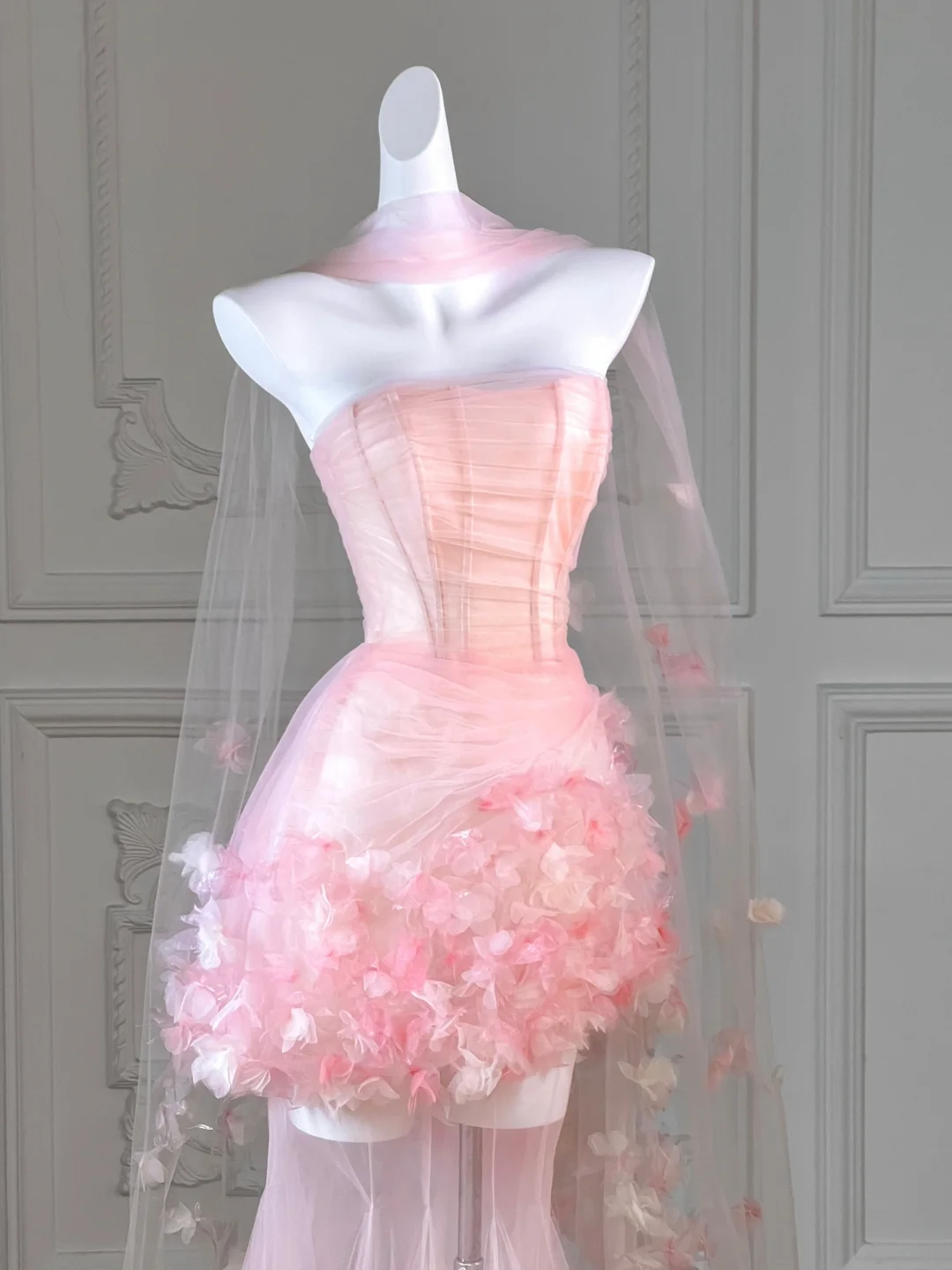 Pink Mermaid Strapless 3D Flower Corset Tulle Long Party Dress Evening Dress DP2593