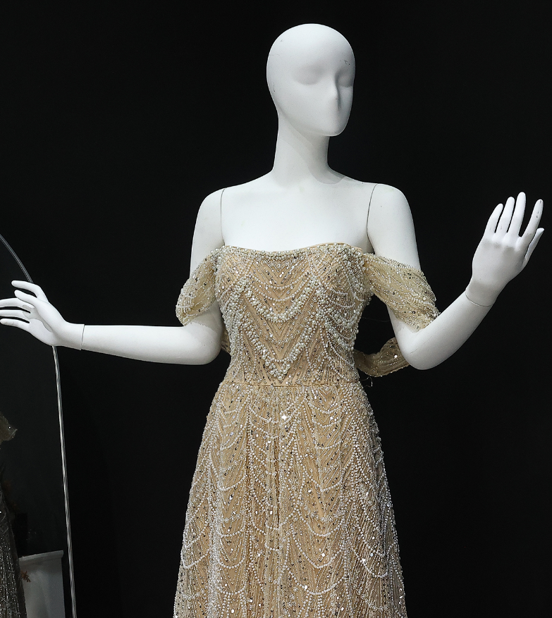 Gorgeous A Line Off the Shoulder Beaded Champagne Tulle Prom Dress Evening Dress DP1934