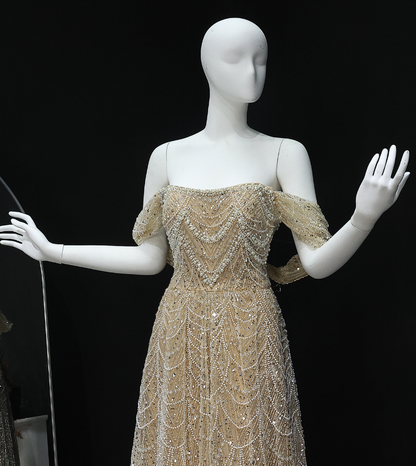 Gorgeous A Line Off the Shoulder Beaded Champagne Tulle Prom Dress Evening Dress DP1934