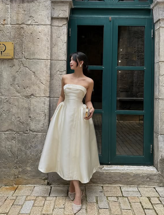 Simple Cute White A Line Strapless Satin Prom Dress 22th Birthday Dress DP3978