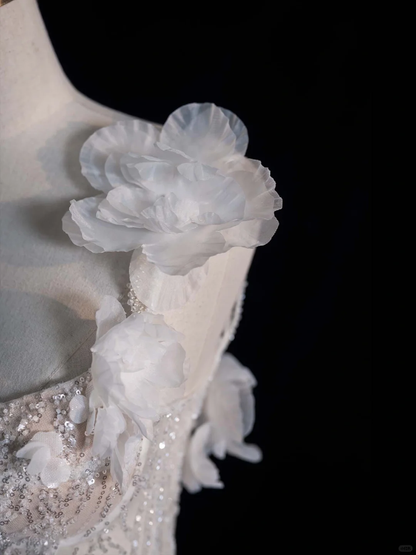 White Flower Mermaid Spaghetti Strap Beaded Tulle Long Prom Dress Formal Dress DP3239