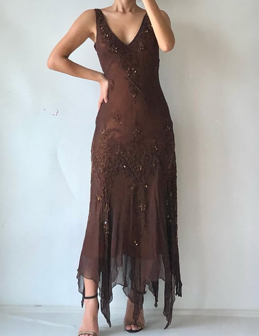 Vintage Mermaid V Neck Beaded Sequin Brown Chiffon Prom Dress Evening Dress DP1733