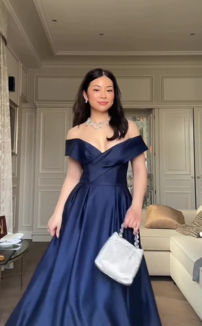 Elegant Navy Blue A Line Off the Shoulder Satin Long Prom Dress DP4368