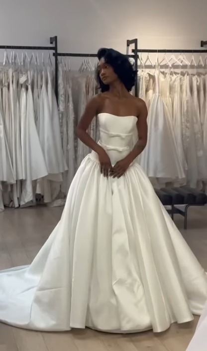 Simple Ball Gown Sweetheart Neck Bow Satin Long Wedding DressDP4306