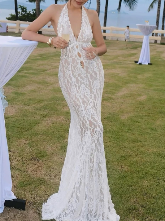 White Mermaid V Neck Lace Open Back Long Prom Dress Evening Dress DP1404