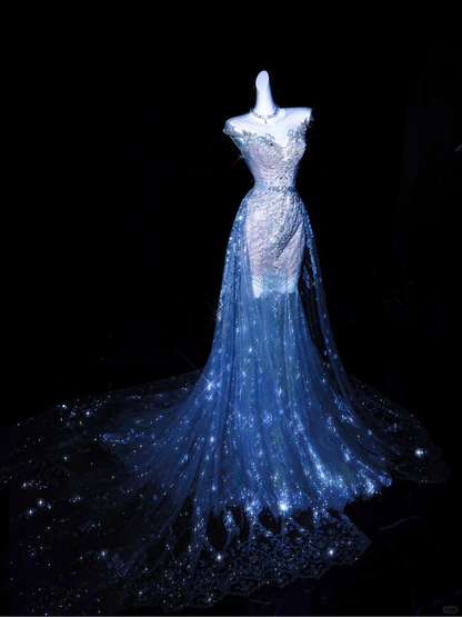 Dreamy Mermaid Round Neck Beaded Tulle Long Party Dress Evening Dress DP2597