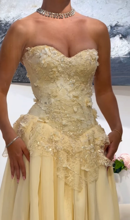 Elegant A Line Sweetheart Neck Beaded Lace Light Yellow Chiffon Dresses DP4178