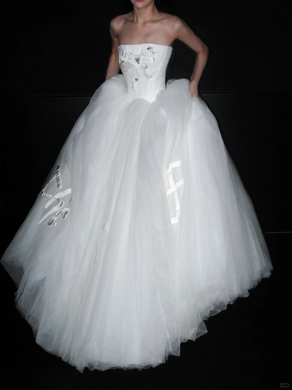 Sweety A Line Strapless Bow Knot White Tulle Long Wedding Dress DP8125