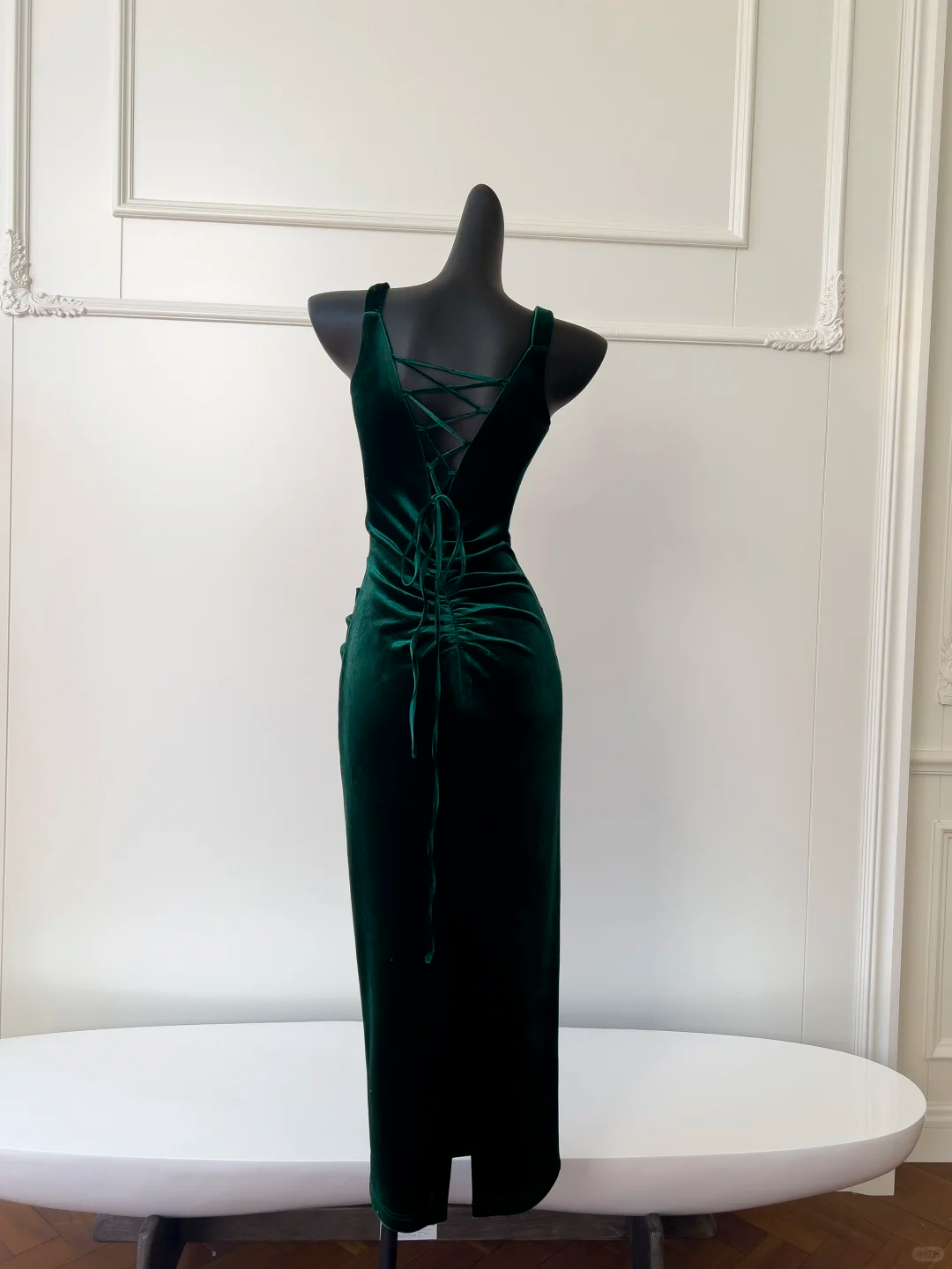 Vintage Sheath Strap Rhinestone Green Velvet Party Dress Wedding Guest Dress DP2497