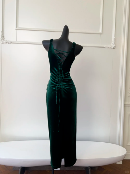 Vintage Sheath Strap Rhinestone Green Velvet Party Dress Wedding Guest Dress DP2497