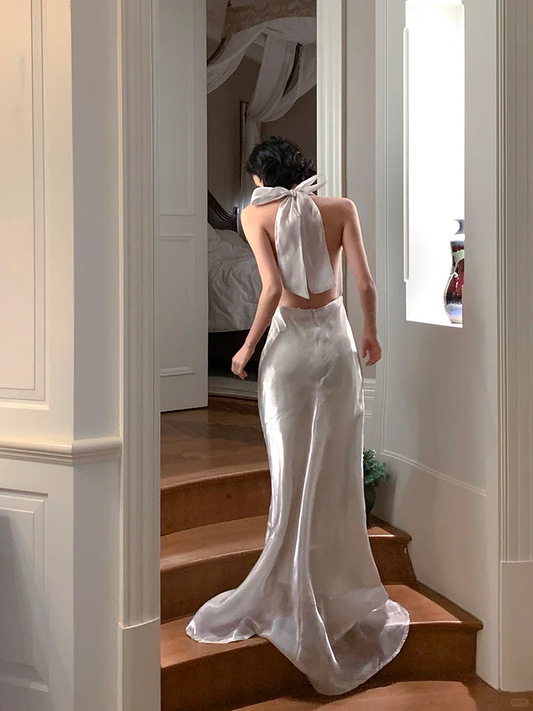 Elegant Sheath Halter White Satin Open Back Prom Dress Vacation Dress DP3862