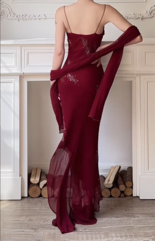 Burgundy Sheath Spaghetti Straps Beaded Chiffon Prom Dress Evening Dress DP3620