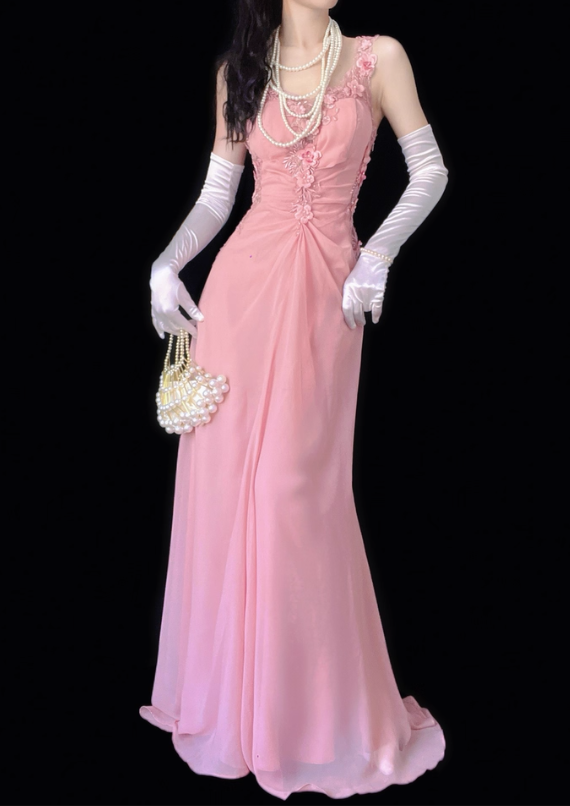 Elegant Pink A Line Spaghetti Strap Appliques Beaded Satin Backless Prom Dress DP4696