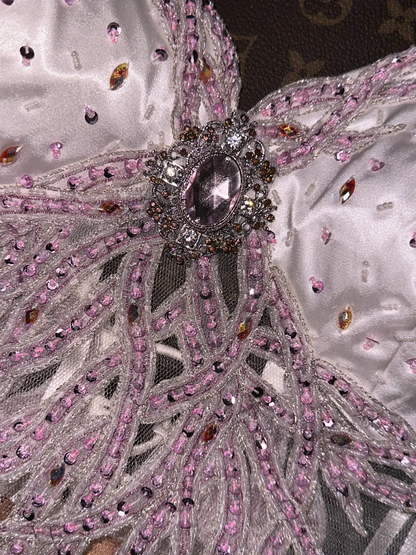 Vintage A Line Spaghetti Strap Beaded Silver Satin Long Prom Dress DP4422