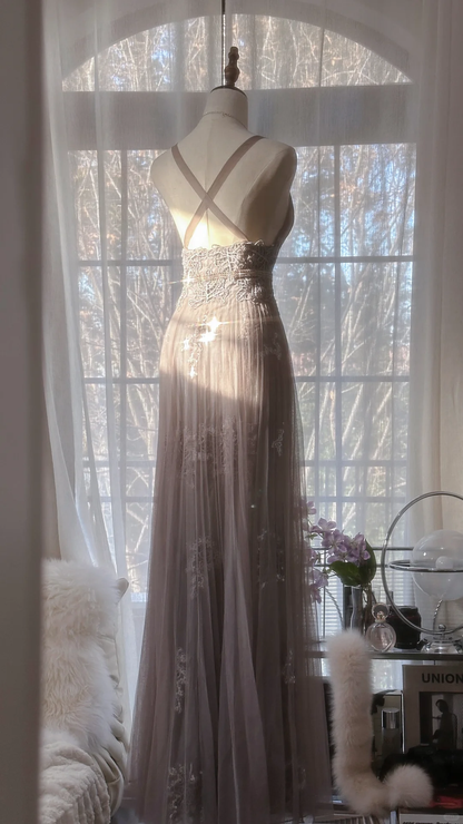 Stunning A Line V Neck Appliques Purple Tulle Long Prom Dress Evening Dress DP2467
