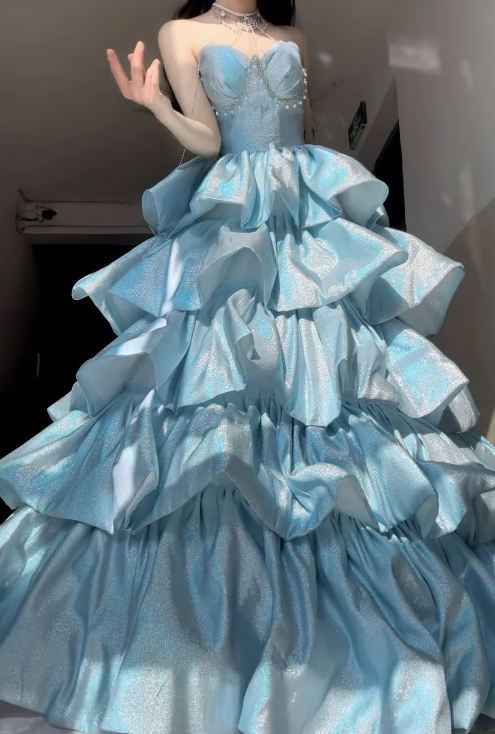 Dreamy Blue Ball Gown Sweetheart Neck Layered Sequin Prom Dress DP4159