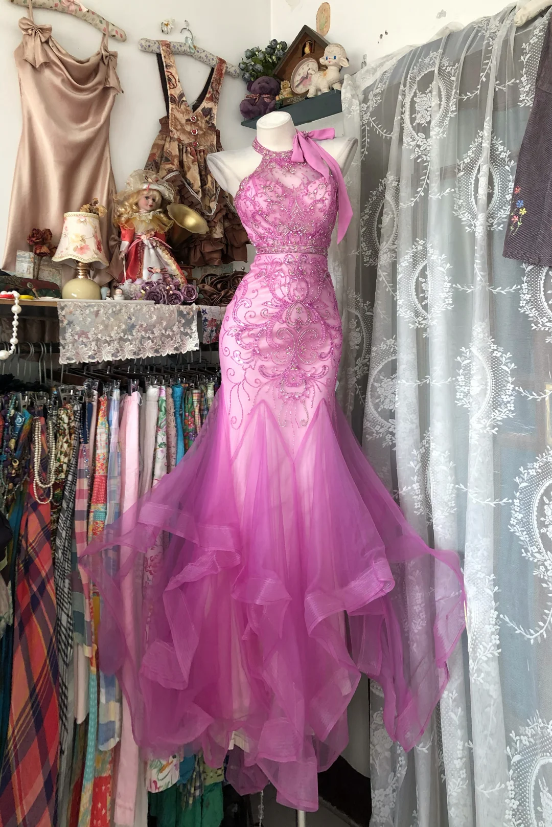 Vintage Pink Mermaid Halter Beaded Tulle Prom Dress Evening Dress DP8250
