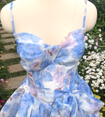 Blue Print Floral A Line Straps Chiffon Short Prom Dress Homecoming Dress DP5463