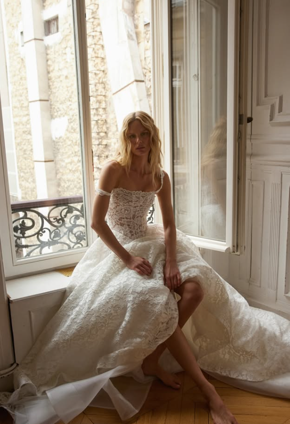 Princess Ball Gown Straps White Mini Pearls Lace Long Train Wedding Dress DP5831
