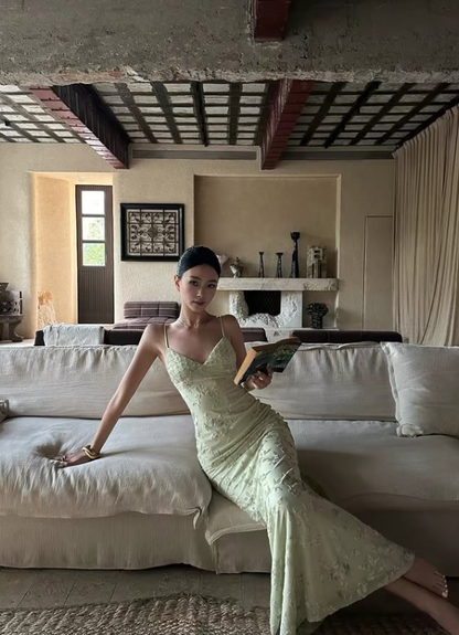 Sage Green Sheath Spaghetti Strap Beaded Print Satin Backless Prom Dress Evening Dress DP7935