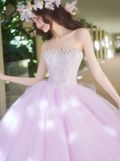 Gentle A Line Strapless Rhinestone Purple Tulle Party Dress Evening Dress DP2708