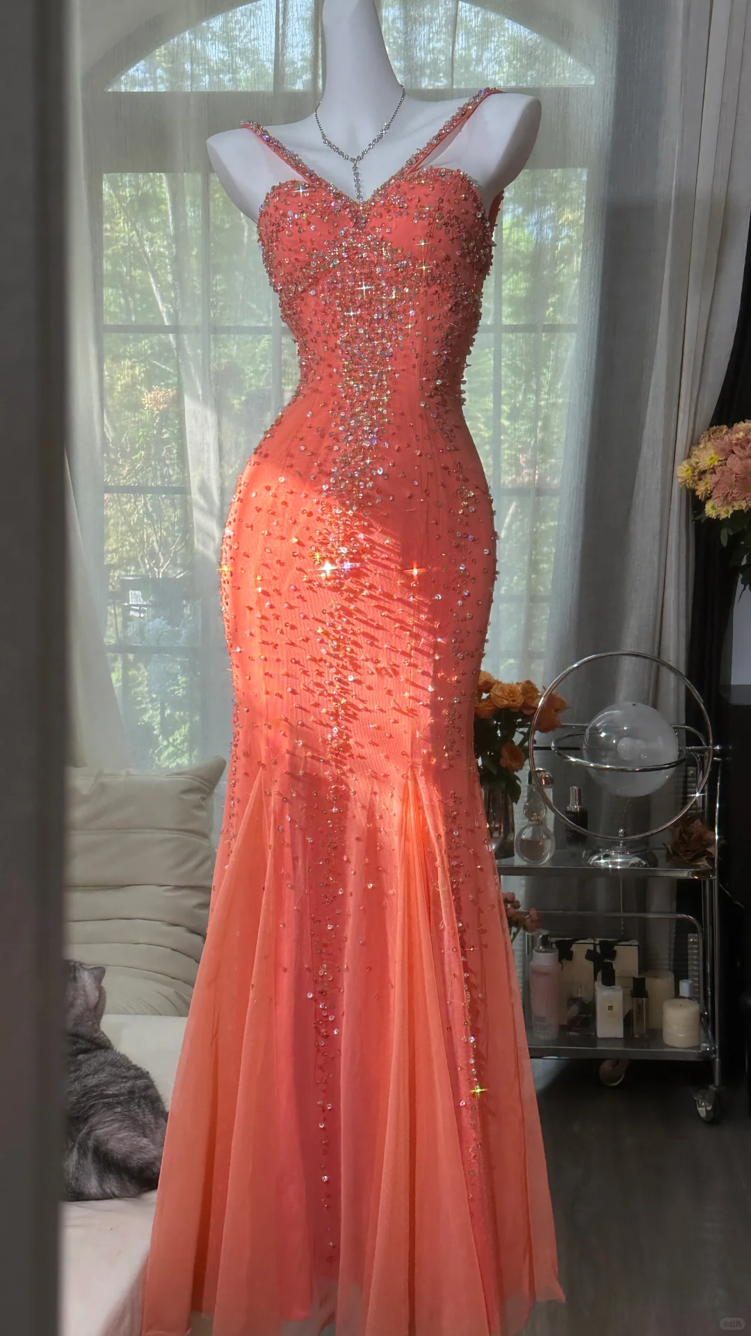 Vintage Mermaid Spaghetti Strap Exquisite Rhinestone Tulle Prom Dress Wedding Guest Dress DP4154