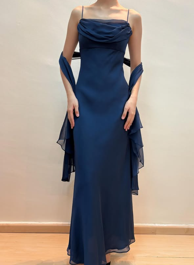 Vintage Navy Blue Simple Sheath Chiffon Prom Dress Evening Dress Date Dress DP5281