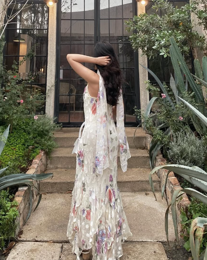 Vintage Mermaid Spaghetti Strap Ruffle Print Floral Chiffon Prom Dress Evening Dress DP1565