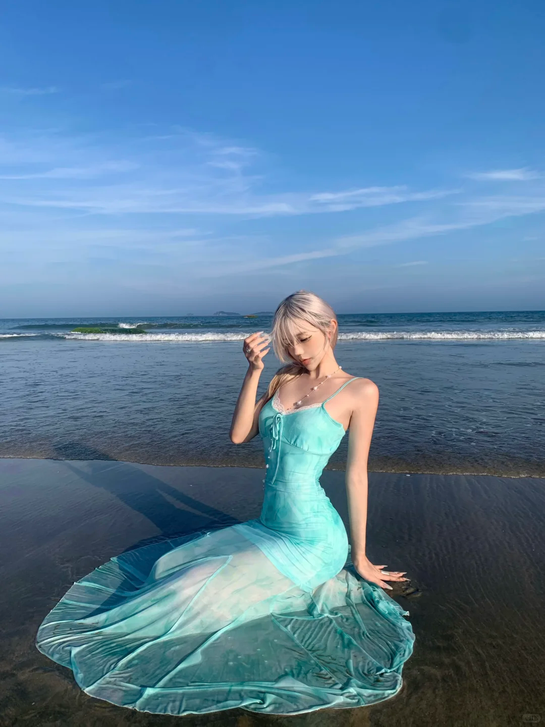Blue Mermaid Spaghetti Straps Chiffon Long Vacation Dress Outfits DP3847