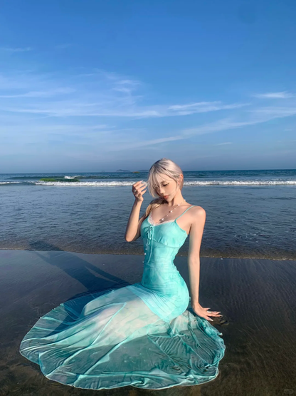Blue Mermaid Spaghetti Straps Chiffon Long Vacation Dress Outfits DP3847