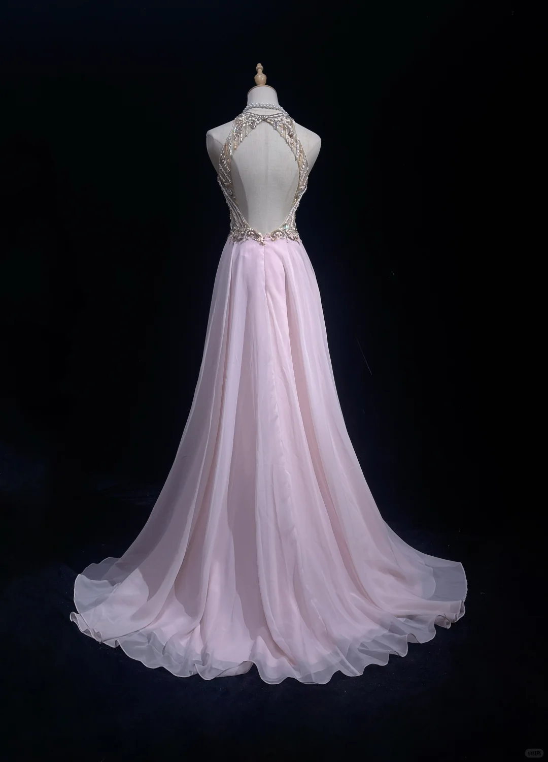 Elegant A Line Round Neck Beaded Pink Chiffon Long Open Back Prom Dress Party Dress DP2769