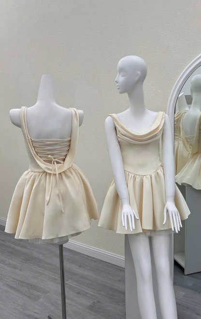 Light Champagne A Line Strap Satin Open Back Mini Homecoming Dress DP2806